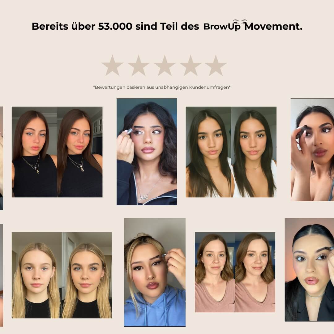 Zufriedene Kundin mit vollen Brauen dank BrowUp Augenbrauenstift
